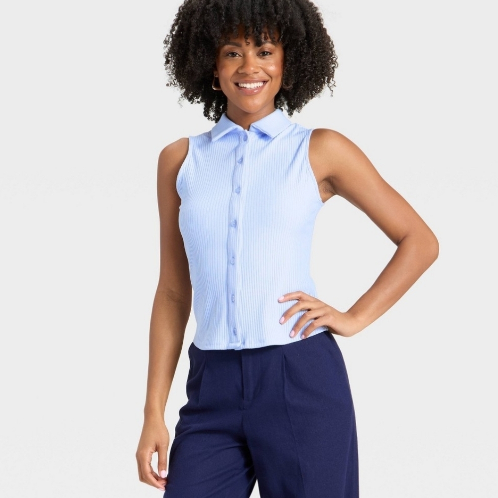 Nwt A NEW DAY TARGET ribbed Collared Sleeveless Shirt Pastel Blue Preppy Busines - Picture 4 of 9